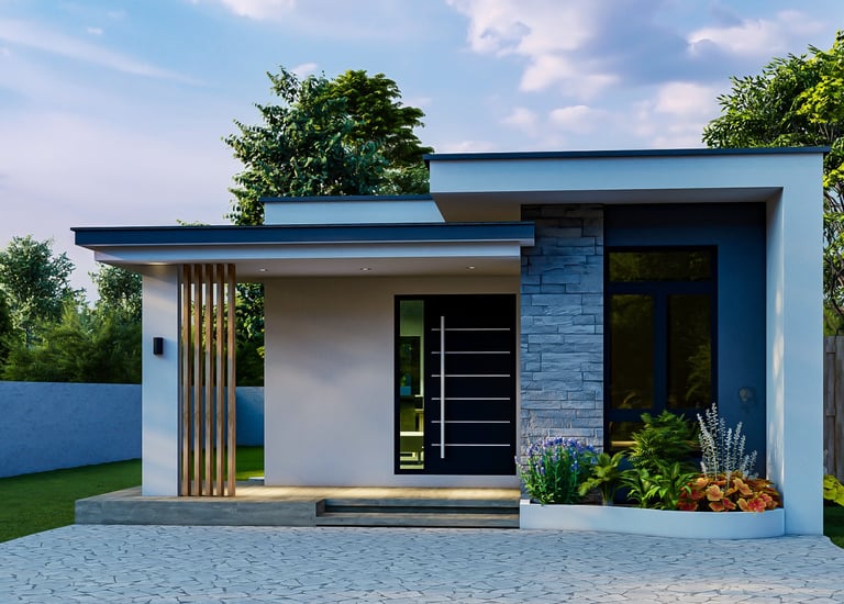 Modern single-story house with flat roof, stone accent wall, and landscaped front yard.