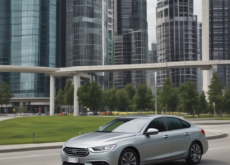 A bright red sports car is parked in front of a dealership building. The building has light-colored siding with a red and white sign. There are some trees with sparse leaves nearby, and the sky is clear and blue.