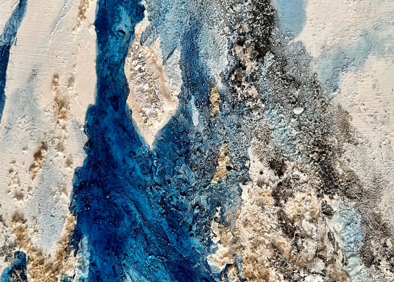 Peinture abstraite série passagère - tons bleus et ocres reliefs - Caroline Blanc