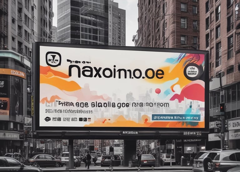 A large billboard is displayed in a nighttime setting, featuring advertisements for a real estate project. The sign includes an image of a residential area and a modern train. Contact information and a web address are also visible on the billboard.