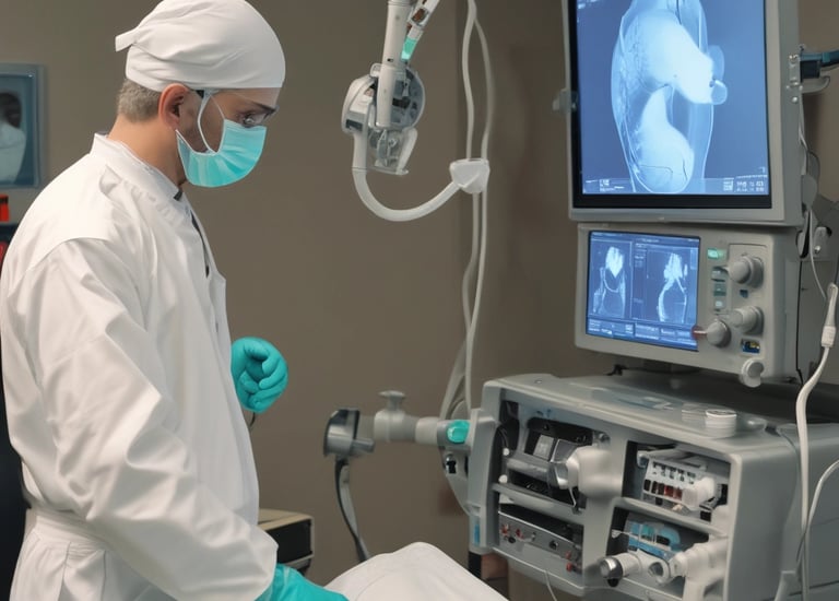Medical professionals wearing surgical attire perform an operation in a dimly lit operating room. The focus is on the procedure, with surgical instruments and materials nearby.