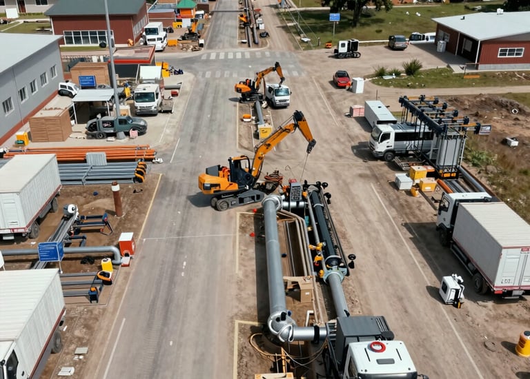 A construction site with multiple concrete formwork structures in place. Metal braces and supports are prominently visible, ensuring the stability of the forms. Concrete foundations and vertical columns are being prepared, with a mix of exposed rebar and newly laid concrete. The overall environment appears organized and active, reflecting ongoing building activities.