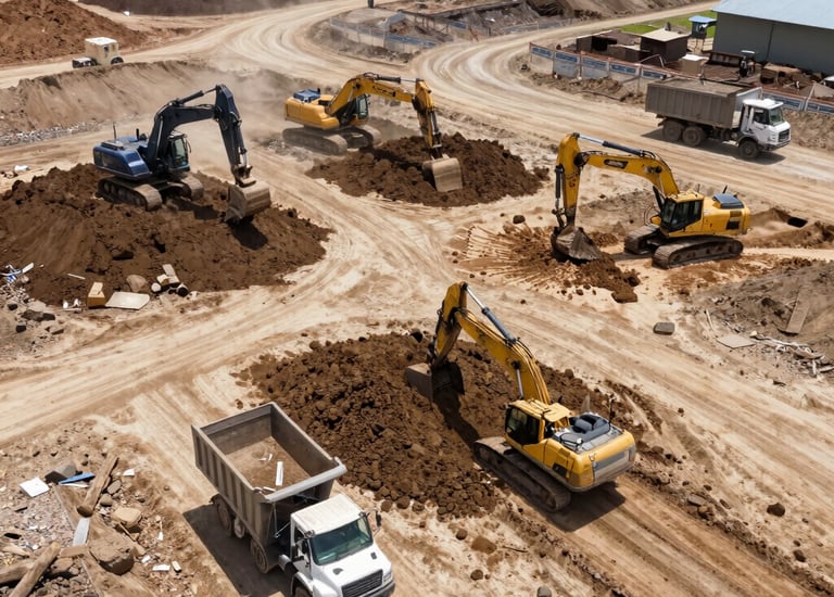 A construction site with a multi-story residential building in the background, surrounded by greenery. Heavy machinery, including a crane and a bulldozer, are present along with various construction materials and equipment scattered across the dirt-covered ground. A container is also visible on the site.