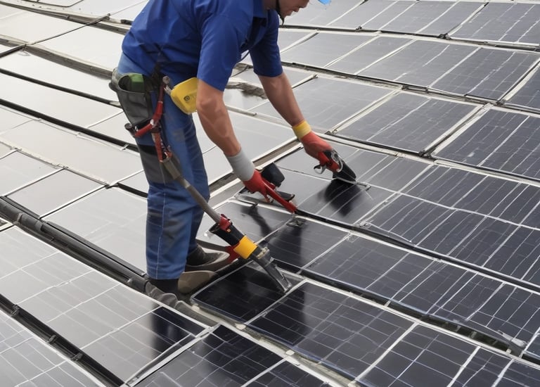 Technician inspecting solar panel system on a sunny day.