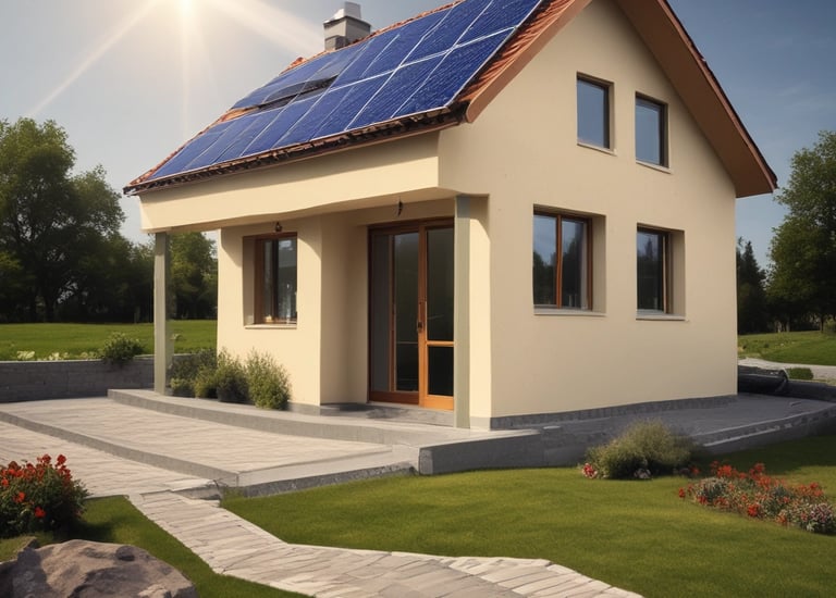 Solar panels installed on a residential rooftop under a clear blue sky.