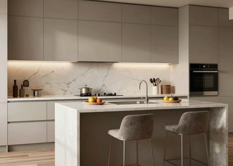 Cozy kitchen interior featuring warm lighting and sleek cabinetry.