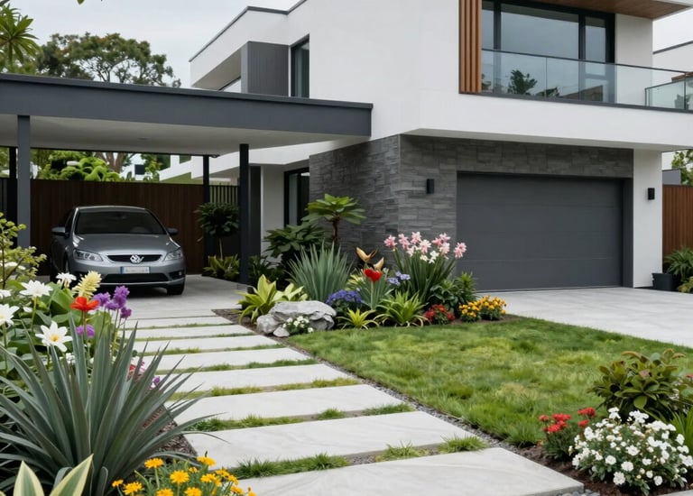 Outdoor patio area with modern furniture and greenery.