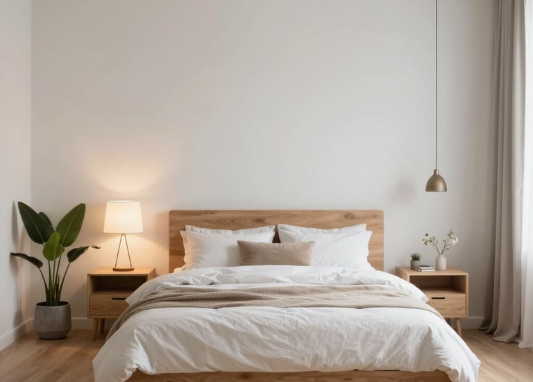 Elegant bedroom with soft colors and minimalist furniture.