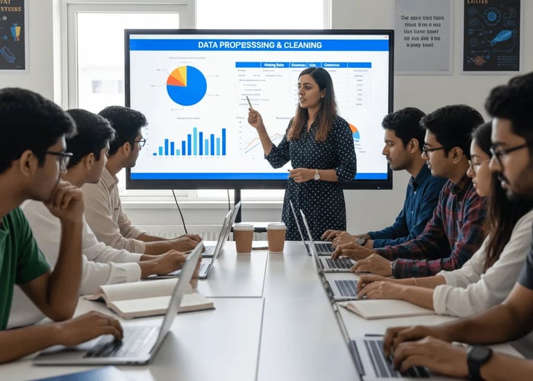 Team reviewing business analytics charts on a large presentation screen in a conference room
