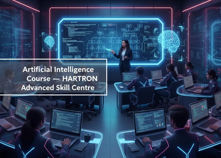 Futuristic AI training lab with dark neon lights and multiple computer screens