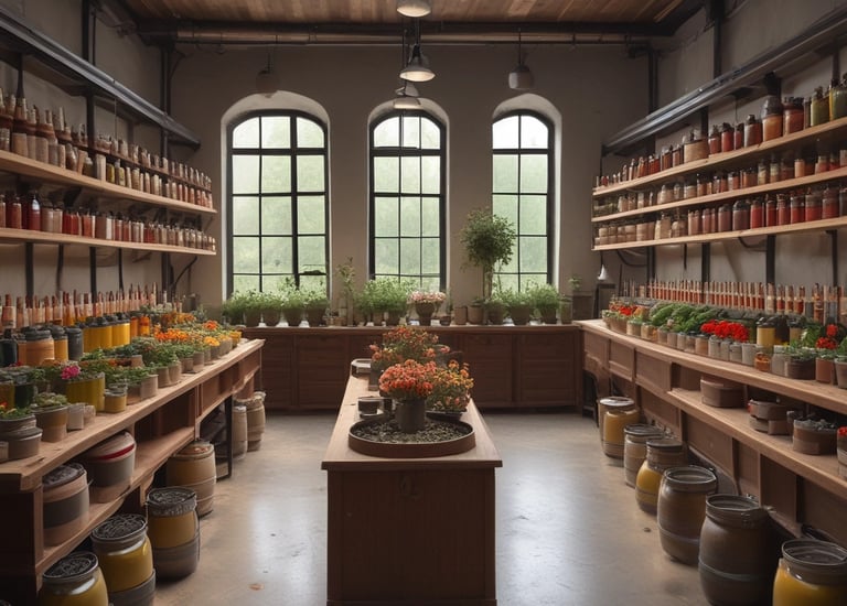 A small market or street vendor with several women interacting around a table displaying various goods, including packaged food items and bottled products. The vendor is situated in a busy area, with posters and shelves filled with merchandise in the background. The atmosphere is casual, with women wearing a variety of colorful clothing styles.