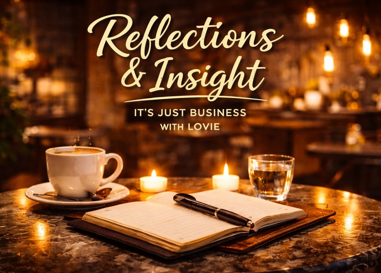 Open journal with pen on a cafe table featuring coffee and candlelight for Reflections & Insight.