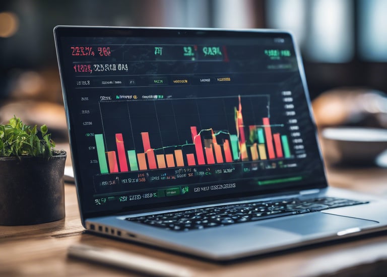 Hands typing on a laptop keyboard with a screen displaying financial graphs and stock market data. Multiple charts and numbers are visible, indicating online trading or financial analysis.