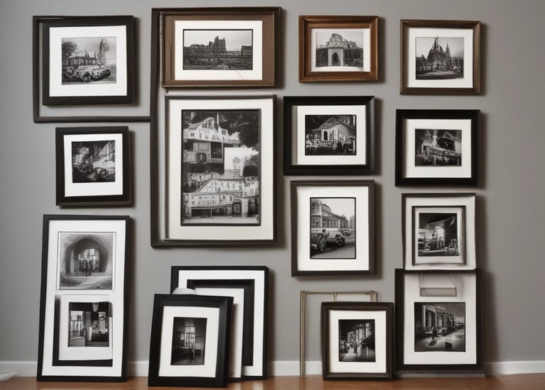 Several framed art pieces are displayed on a dark green wall. The frames are ornate with classic designs, and one of the paintings appears to have historical or classical themes. A large mirror with a simple white frame is also visible.