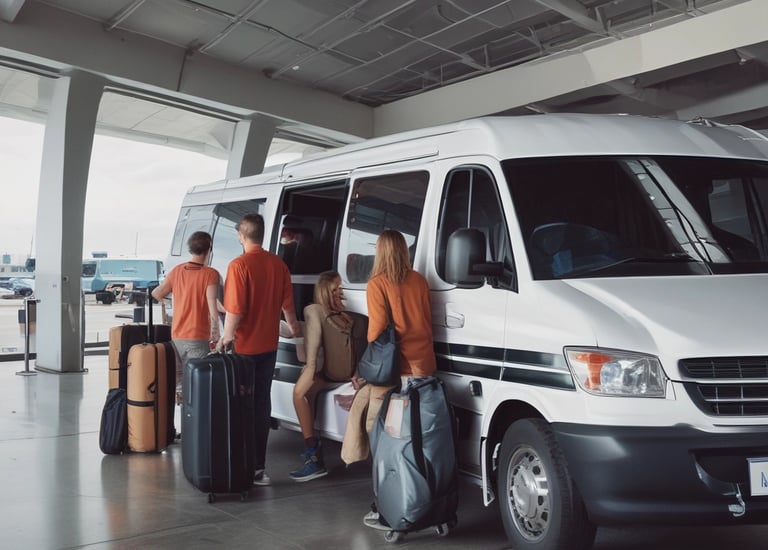 A large delivery truck and a smaller blue van are parked on the side of a road next to a park. A person is standing near the truck's door. Several packages and boxes are placed on the ground between the vehicles. The surrounding area features green trees and a small water fountain within a park setting.