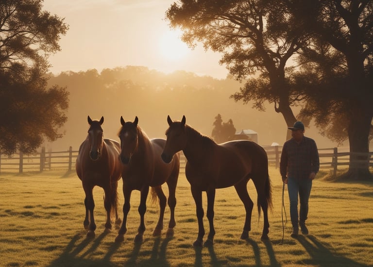 A woman wearing a striped sleeveless top and jeans is sitting on a brown horse. She is wearing a protective helmet. A man in a white shirt with suspenders is walking beside the horse, holding a red lead rope. They are in an outdoor setting with a sandy ground and surrounded by tall trees and greenery.