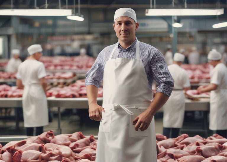 A close-up view of industrial equipment placed on a white platform in a professional exhibition setting. The floor is covered with bright blue and green carpeting, and there are modern white chairs around a glass table in the background with some people in business attire.