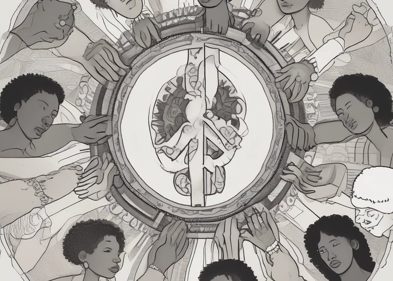 A large poster featuring a black and white image of a woman's face with bold, colorful graffiti overlay. The word 'PEACE' is written prominently in green and pink. Below, two figures sit on a bench with text bubbles saying 'LET'S STOP THIS!' and 'HOLD FIRE'. The poster is mounted on a blue and worn stand outdoors.