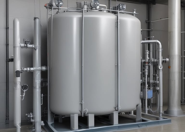An industrial landscape featuring numerous large cylindrical tanks and distillation columns in the background, likely part of a refinery or chemical plant. Smoke is visible rising from some structures, indicating active industrial processes. The foreground includes a sandy shoreline with calm waters reflecting the blue and gray tones of the sky.