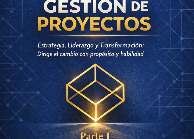El Arte de la Gestión de Proyectos book cover featuring a glowing geometric cube on a blue digital background.