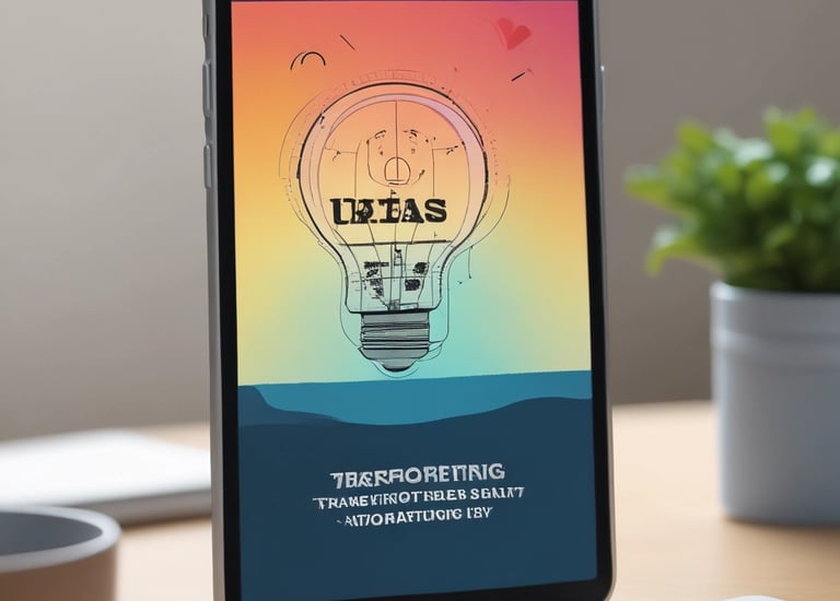 A smartphone is mounted on a stand, displaying a website with colorful graphics and the text 'Transforming Ideas into Reality'. Beside it, a laptop screen shows a blurred version of the same website. The background is soft and out of focus, with green foliage adding a hint of nature.