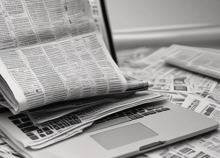 A stack of newspapers lies on a light-colored surface, with some pages slightly curling at the edges. Nearby, part of a laptop or similar electronic device is visible, suggesting a juxtaposition of print media and digital technology.