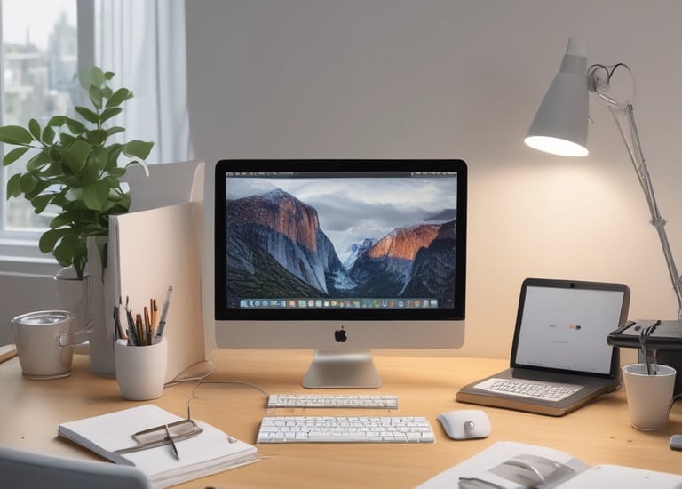 A collection of tech gadgets including a laptop, smartphone, smartwatch, and wireless earbuds placed on a white surface. A large green leaf partially covers the items, adding a touch of nature to the arrangement. A wooden board is partially visible underneath the leaf.