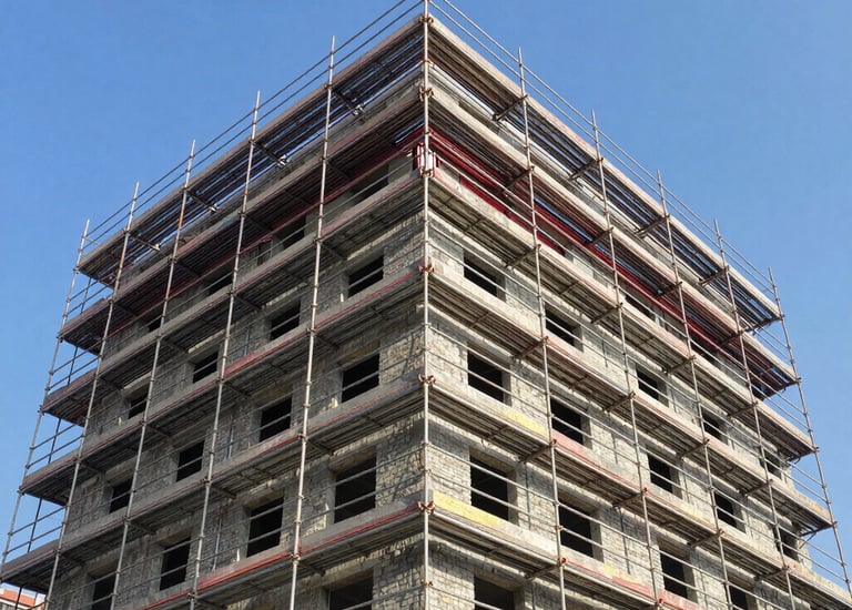 Wide shot of scaffold structures supporting renovation work in Querétaro