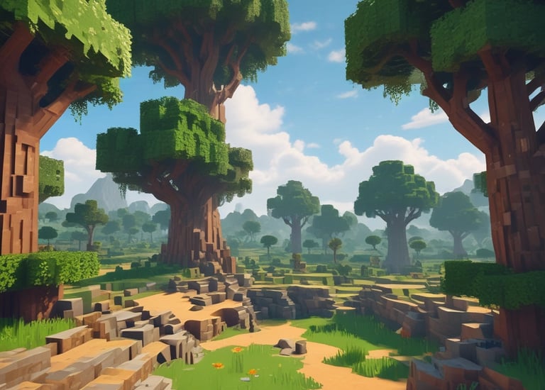 A vibrant screenshot of a modded Minecraft landscape.