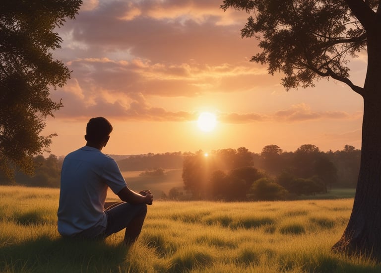 man in white shirt sitting on green grass field during sunset