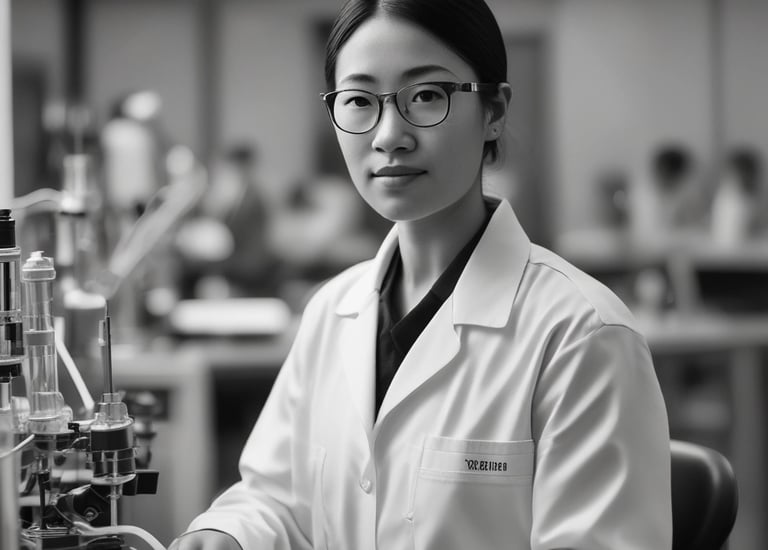 A person is standing in a laboratory, working on a laptop. The lab is equipped with various scientific instruments and glassware is visible on the shelves, including beakers and burettes containing different colored liquids. The atmosphere is well-lit with natural light coming from a large window.