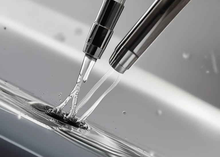 A person is intently examining a precision device or piece of equipment in a laboratory or industrial setting. The individual is wearing a formal outfit, which suggests a professional or scientific context. Various technical instruments surround the workspace, including control panels and gauges, indicating an environment focused on detailed and delicate work.