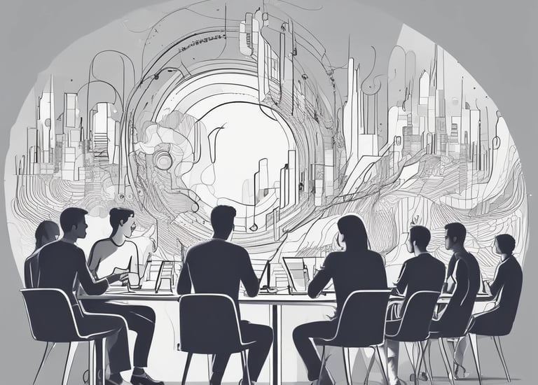 A minimalist packaging bag with a graphic design in light pink and orange hues. The print includes abstract shapes and a tree, with a circular red seal at the top center.