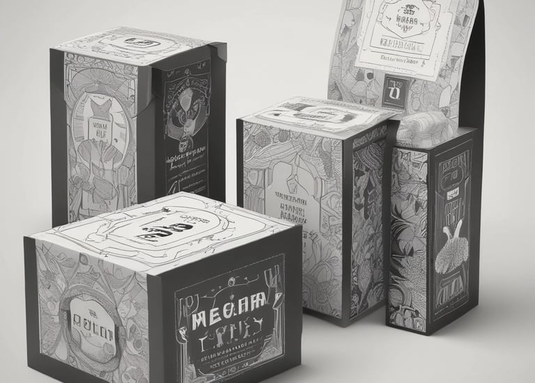 A person is using a laptop, working on graphic design, with three similar-looking design templates on the screen. The setting appears to be indoors with natural light coming through sheer curtains. The person has brightly painted nails and a tattooed forearm, wearing a colorful checked fabric.