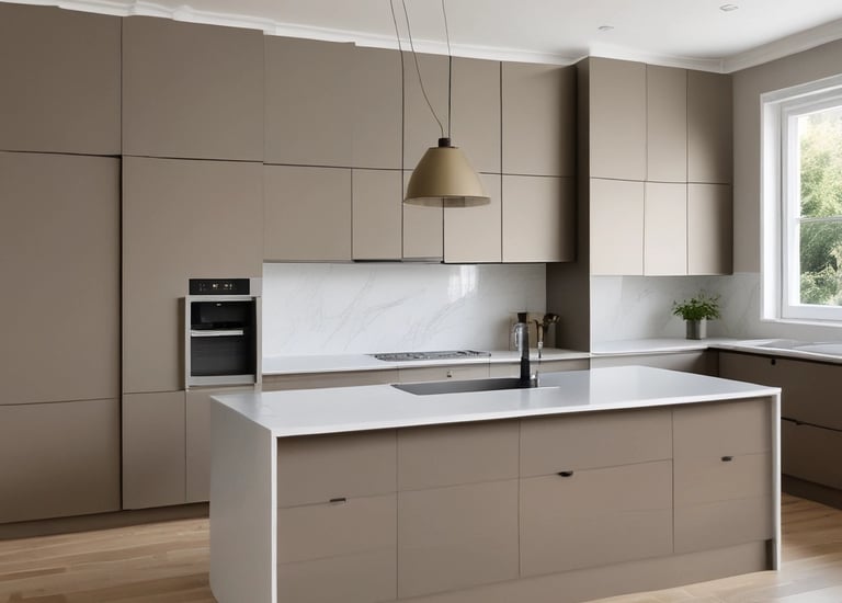 A man and woman stand in a rustic kitchen with wooden cabinets and a patterned curtain. They are holding a large rectangular sign advertising windows, roofing, doors, and siding, featuring a logo and contact number. The kitchen counter has various items, including a dish rack and some utensils.