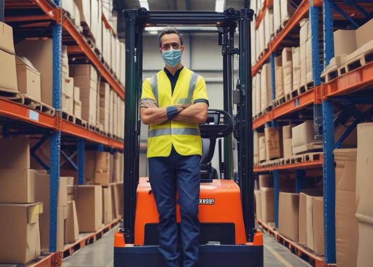 A person in a blue uniform stands in a warehouse aisle, surrounded by shelves filled with yellow plastic bins. The bins are organized and labeled, containing various items, while the industrial lighting provides a bright environment.