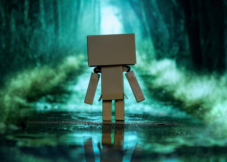 blurry scene of a blue and green forest with a walkingtoy robot in focus in the center from the back