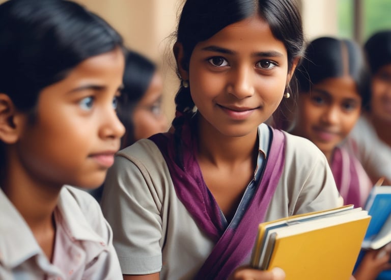 A group of children, some wearing school uniforms, are gathered around a small garden with potted plants. They are smiling and making peace signs, suggesting a cheerful and lively atmosphere. The background shows a grassy area with more children visible, possibly at a school or community event.