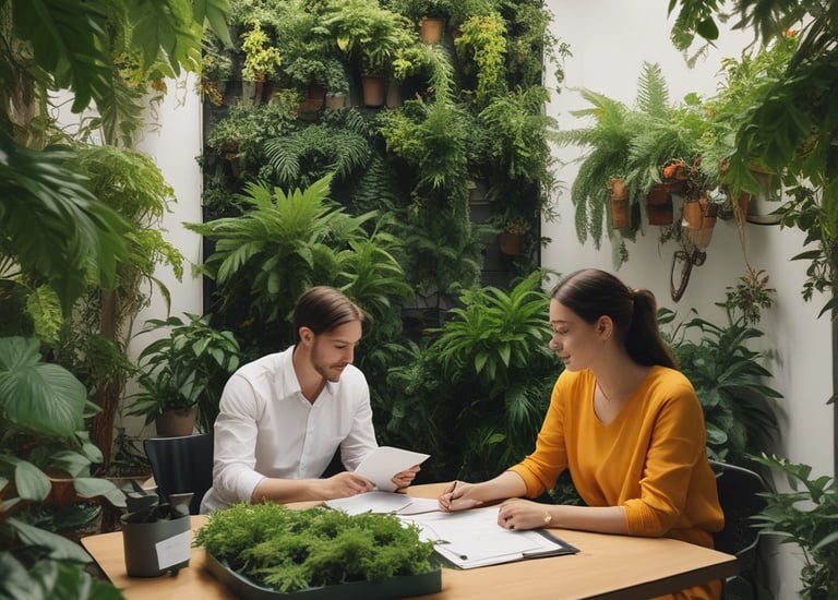 A lush, green garden scene featuring carefully manicured shrubs and small trees. The plants display a dense and vibrant foliage, with the branches artfully pruned, suggesting attentive gardening practice. A large net or mesh structure serves as a backdrop, possibly providing protection or shade to the garden.