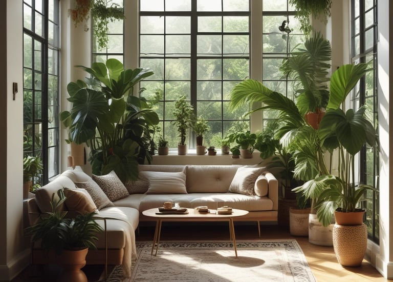 A lush garden landscape filled with vibrant greenery and a variety of trees and bushes. Tall evergreen trees stand prominently in the background, surrounded by shrubs and plants with varying shades of green and red foliage. The well-maintained lawn in the foreground is bright and evenly cut, creating a serene and inviting outdoor space.