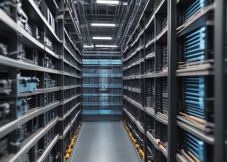 A complex array of computer motherboards and circuit boards is organized in a sprawling grid layout. Bright, multicolored LED lights illuminate the scene, casting vibrant reflections and creating an intricate, high-tech pattern. Wires and electronic components are interwoven, contributing to an aesthetic that resembles a miniature cityscape.