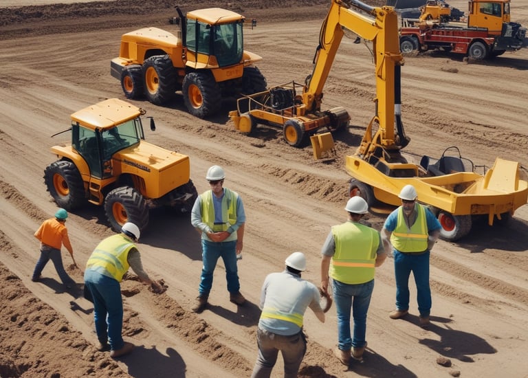 Workers inspecting a newly paved road under the sun.