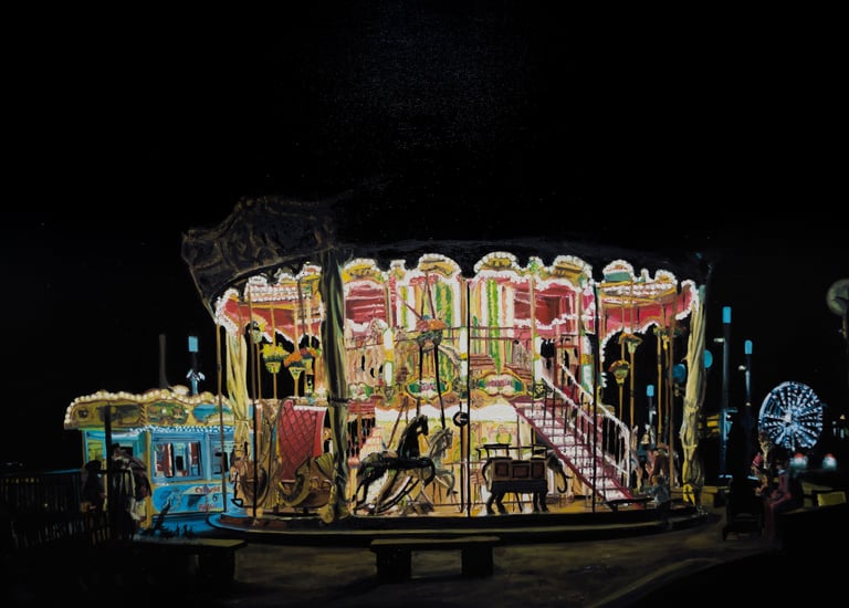 Nighttime carousel scene, figurative oil painting with lights and people
