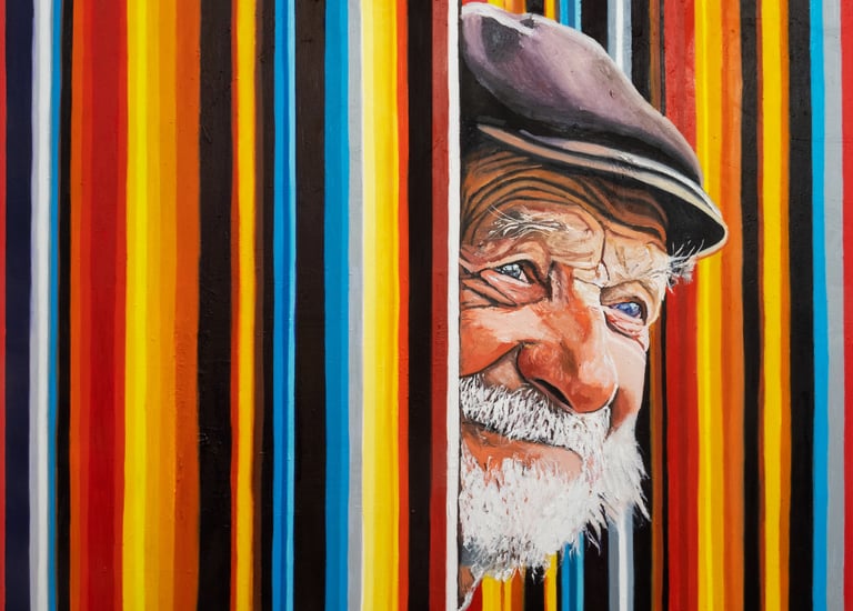 Colorful elder portrait with vertical stripes, contemporary oil painting