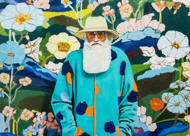 Colorful oil painting of an elderly man, against a vibrant floral background, Mihai Cotiga Painting