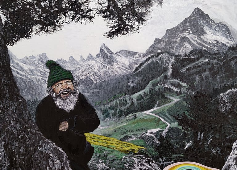 Oil painting of an elderly man, smiling in a mountain landscape, Mihai Cotiga painting
