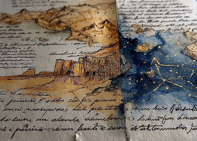 Hand-drawn sketchbook map with golden star lines and watercolor notes for worldbuilding concept