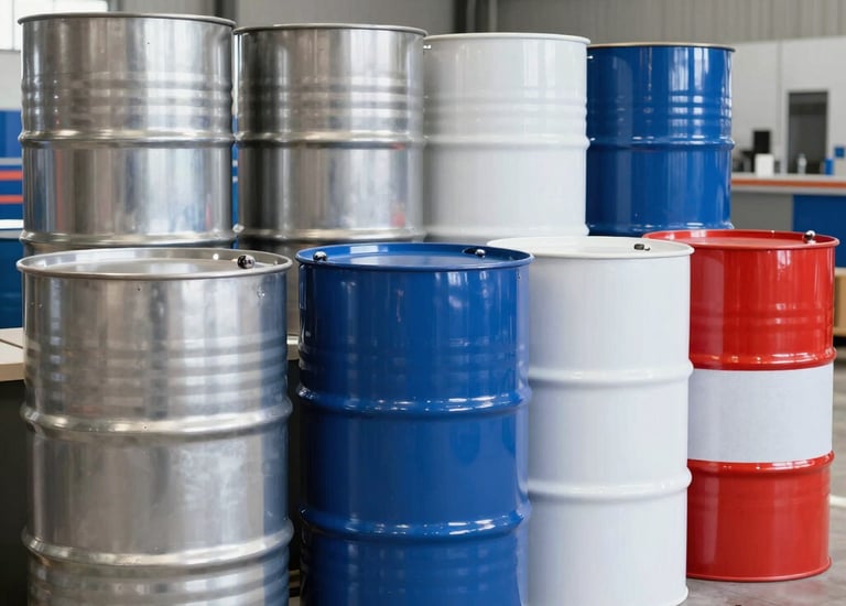 A collection of stacked shipping containers arranged in an industrial area. There are different colors of containers, including red, yellow, pink, and teal. A large orange shipping container is loaded onto a trailer on the right side of the image. The scene is highlighted by a bright blue sky with some clouds.