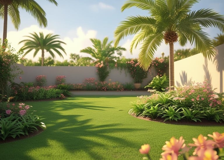 Tropical garden landscape with lush green lawn, palm trees, and blooming pink flowers under a bright blue sky.