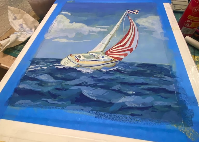 Takara's painting of a sailboat, titled "North Sea", while she was painting it.